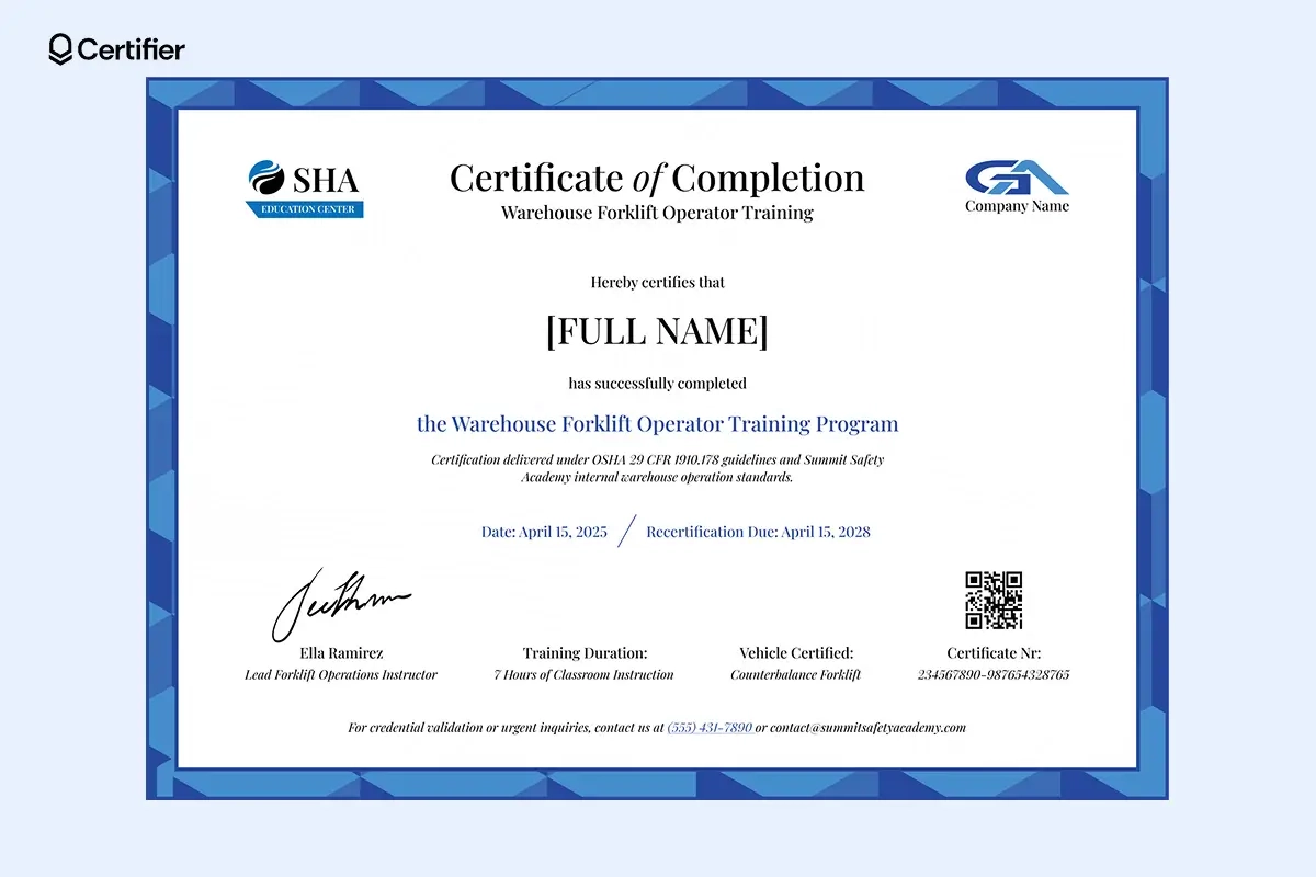 Printable Template Forklift Certificate From Osha Printable Template Forklift Certificate From Osha
