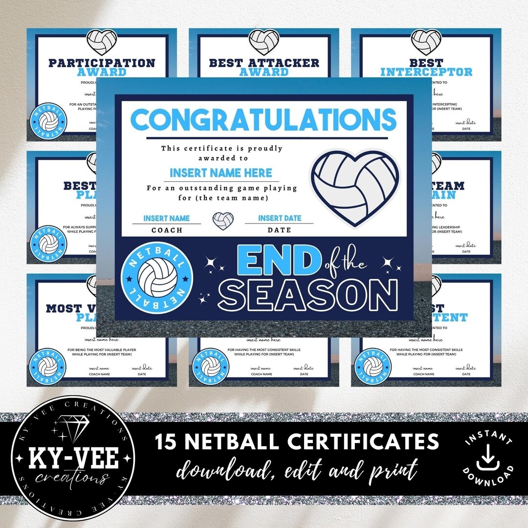 15 Netball Certificate Templates INSTANT DOWNLOAD Editable Awards Bundle Printable Team Recognition Editable End Of Season Sports Club Etsy