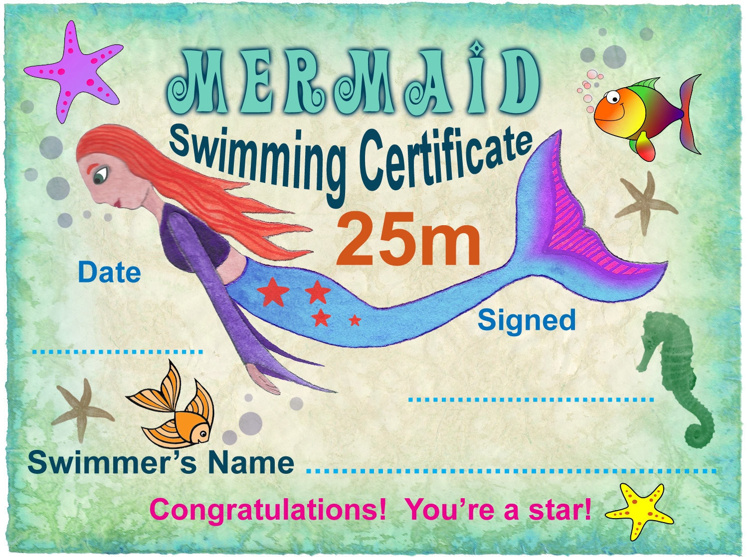 25m Mermaid Swimming Certificate Rooftop Post Printables