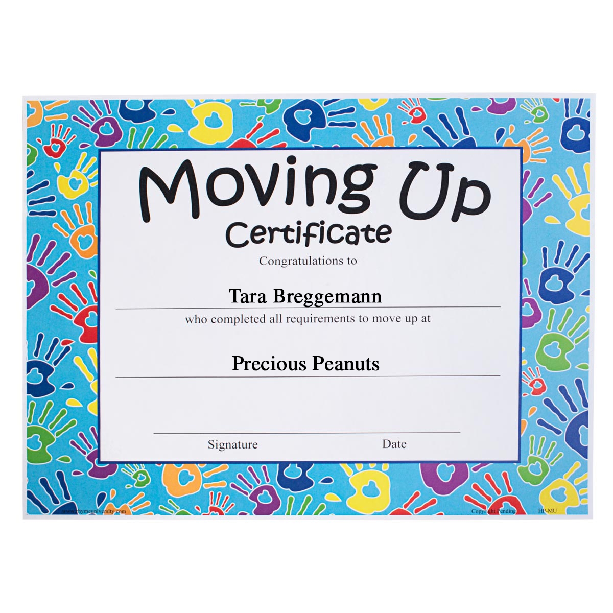 8 5 X 11 In Handprints Moving Up Certificate Rhyme University