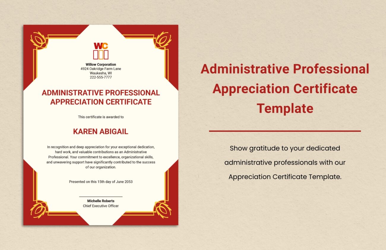 Administrative Professional Appreciation Certificate Template In Word Illustrator PSD Download Template