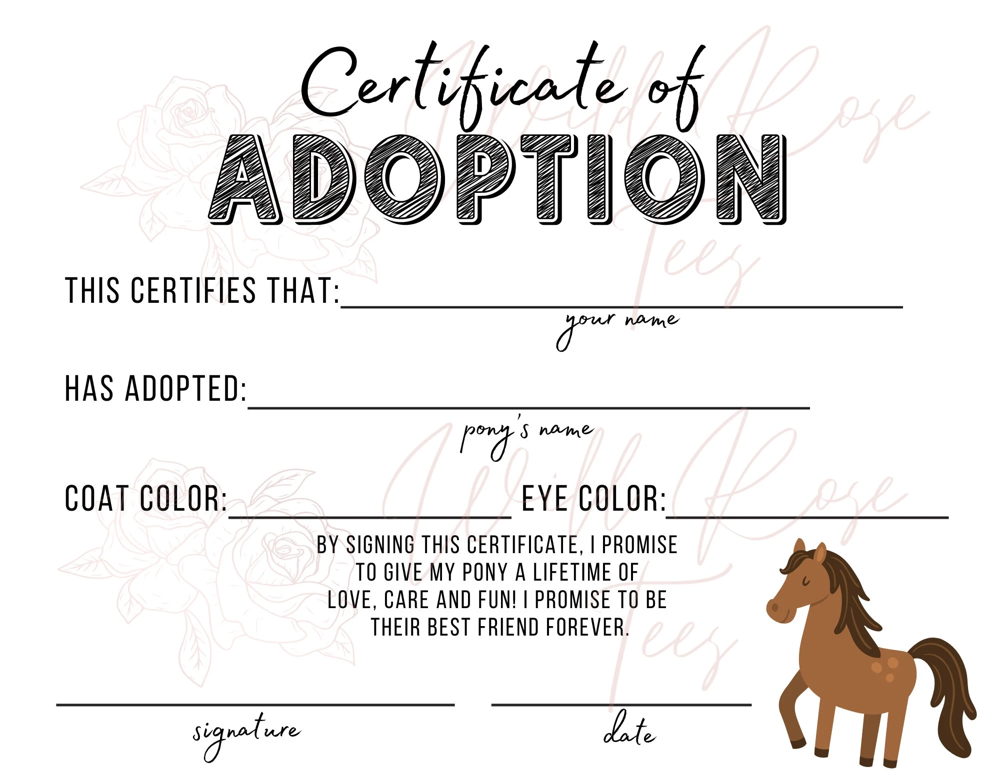 Adopt A Pony Certificate Etsy Adopt A Pony Certificate Etsy