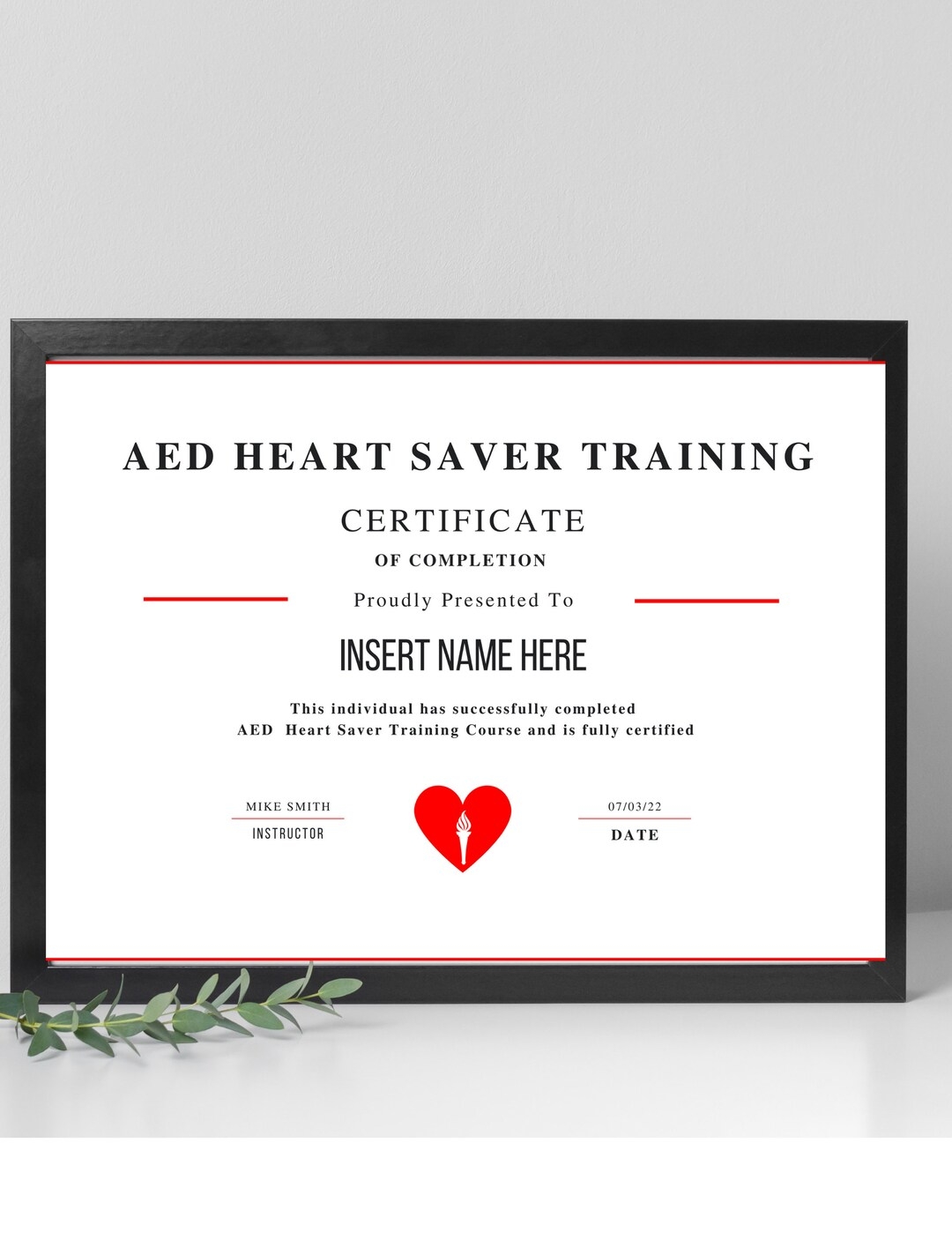 AED Heart Training Certificate CPR Editable Template Cpr Course Completion AED Certified First Aid Certifcate cpr Printable Certificate Etsy