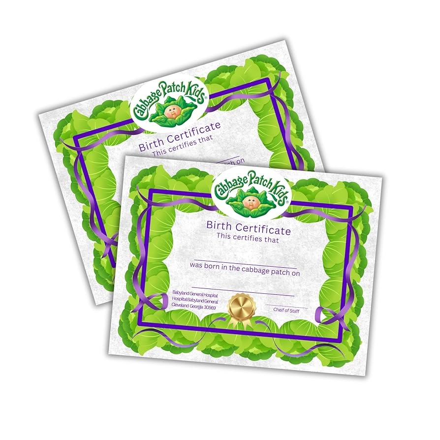 Amazon Cabbage Doll Baby Adoption Certificate Patch 30pk 8 5x11 Paper Stuffed Animal Old Vintage Rare Dates Signed Dr Birth Green Purple Mini Figurine Little People Office Products