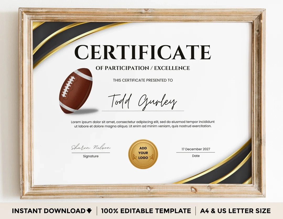 American Football Certificate Template Sports Certificate Award EDITABLE Printable Football Award Certificate Digital Download Etsy UK