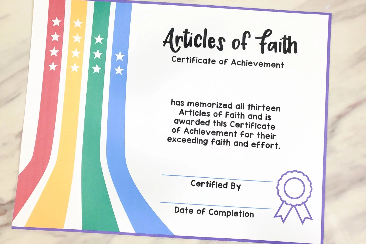 Articles Of Faith Printable Certificate Primary Singing