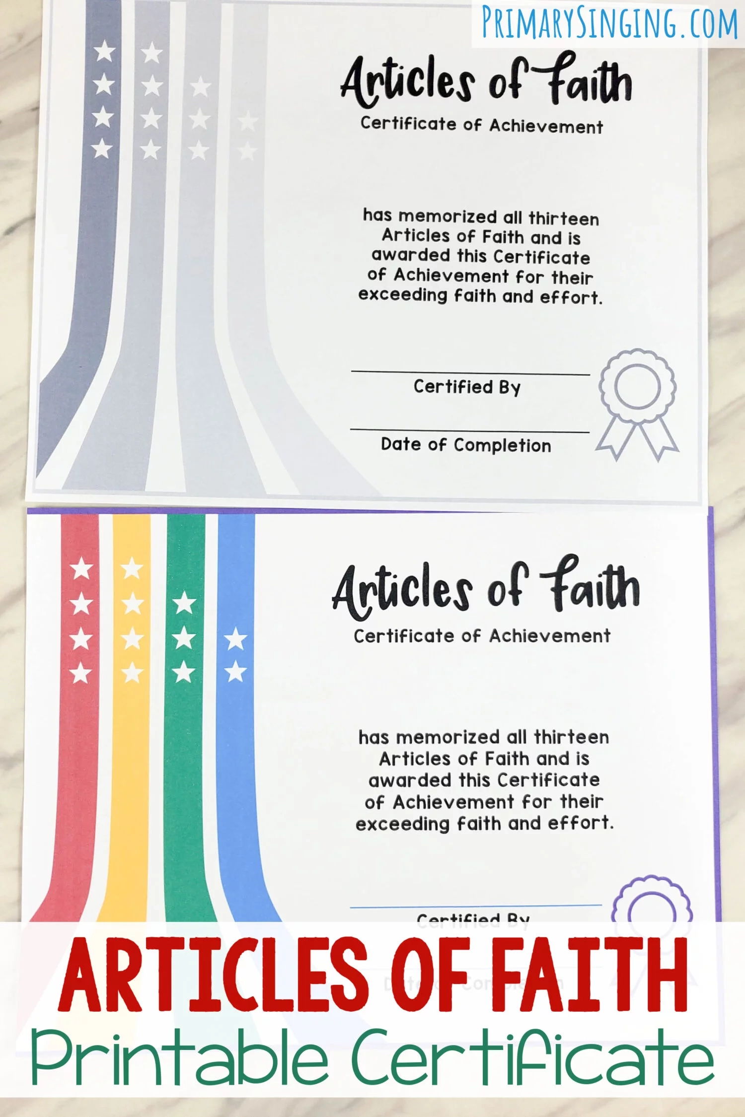 Articles Of Faith Printable Certificate Primary Singing