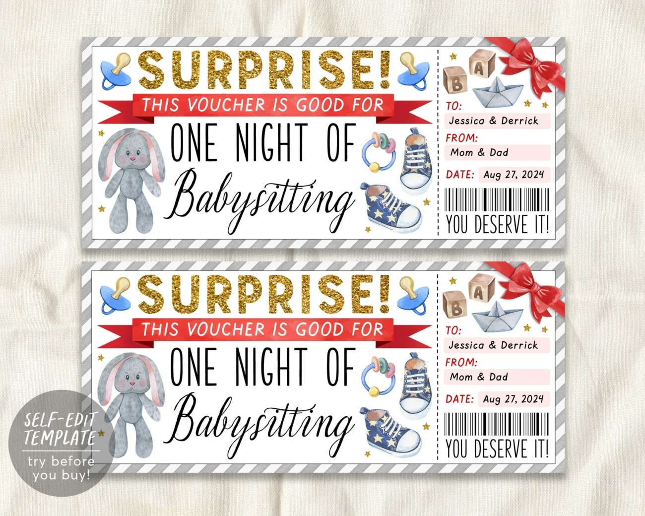 Babysitting Gift Coupon Editable Template Surprise Babysitter Gift Ti Puff Paper Co