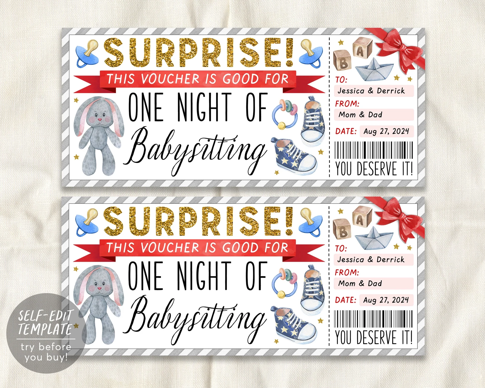 Babysitting Gift Coupon Editable Template Surprise Babysitter Gift Ti Puff Paper Co