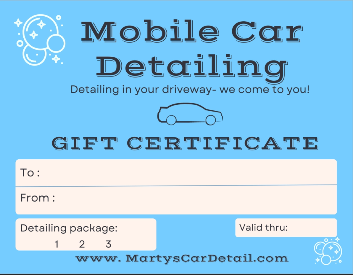 Basic Detail Gift Certificate ALL VEHICLE TYPES Mobile Car Detailing