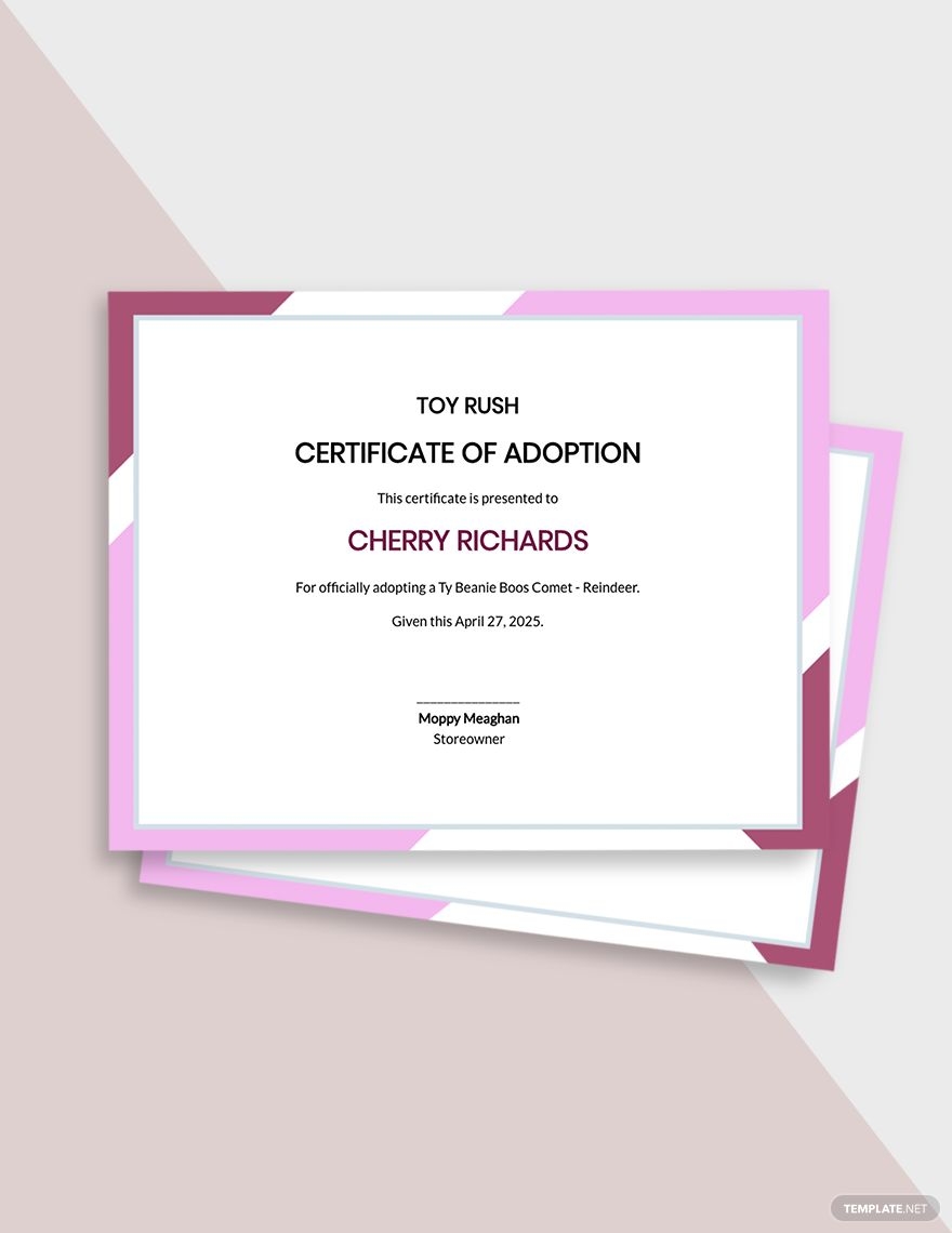 Beanie Boo Adoption Certificate Template In PSD Illustrator InDesign Pages Publisher Word Google Docs Download Template