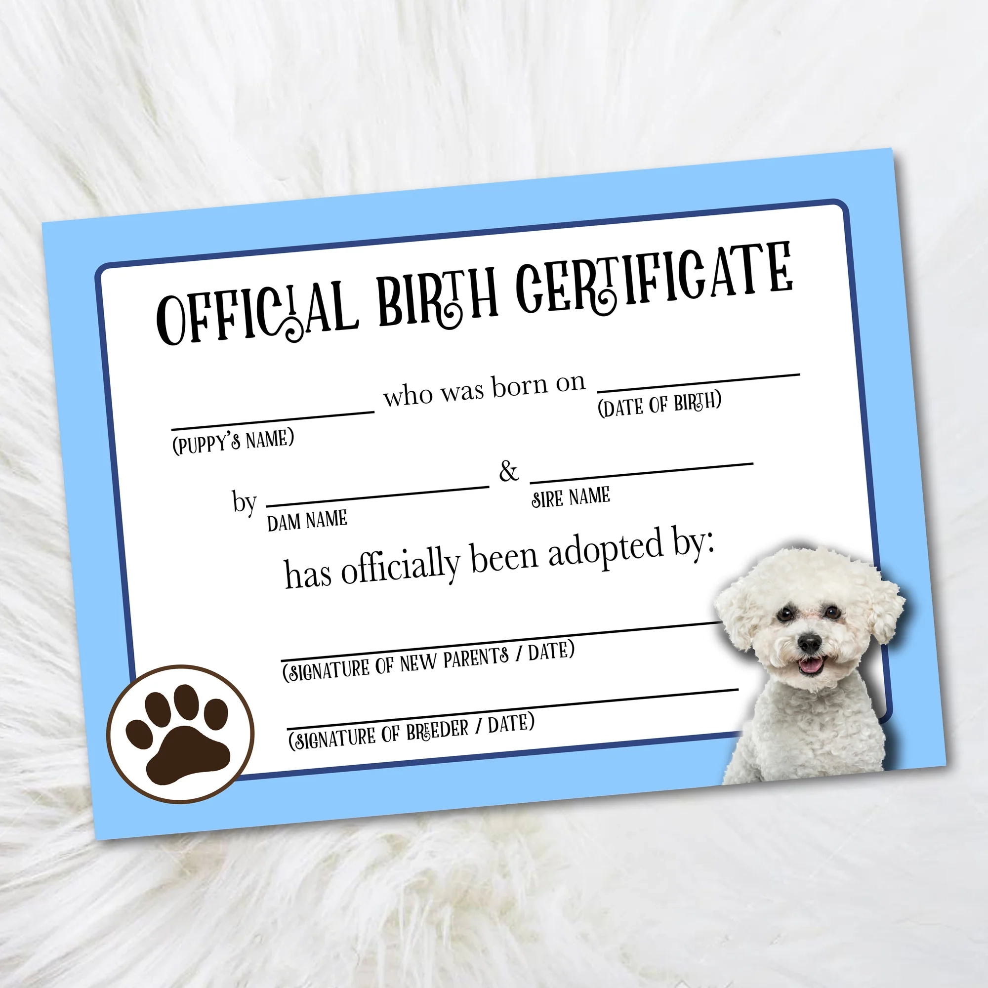Bichon Frise Puppy Birth Certificate Official Pet Certificate LillyBellePaperie