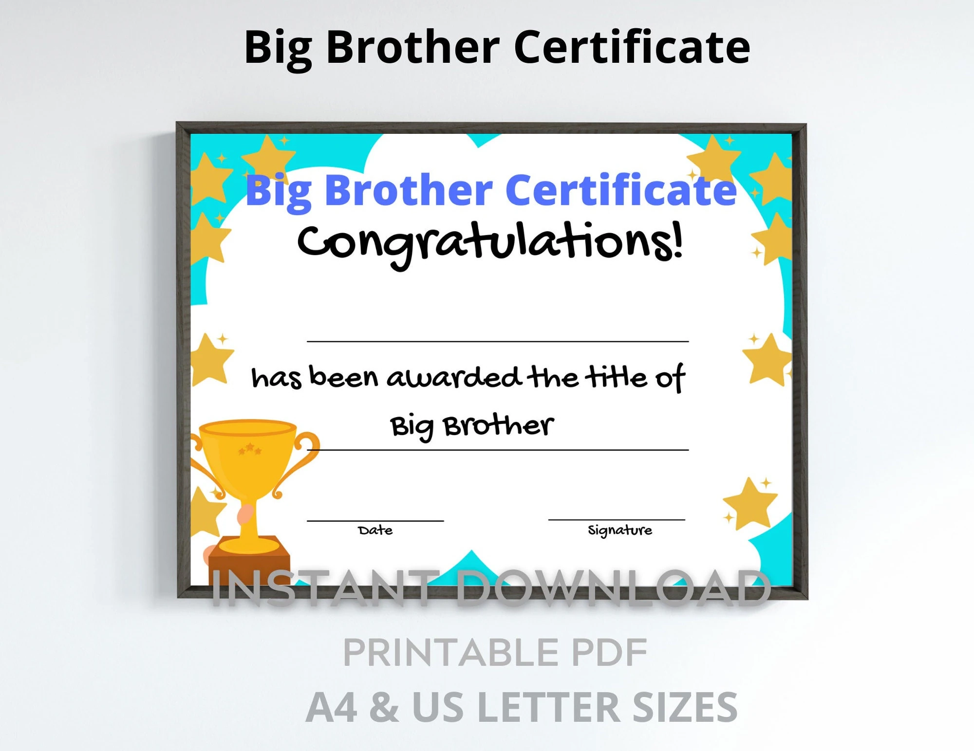 Big Brother Certificate Printable For Kids New Sibling Keepsake Gift A4 US Letter Sizes Etsy