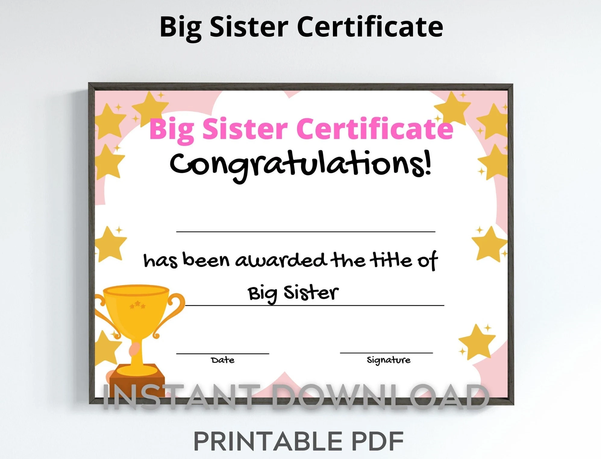 Big Sister Certificate Printable For Kids New Sibling Keepsake Gift A4 US Letter Sizes Instant Download Etsy