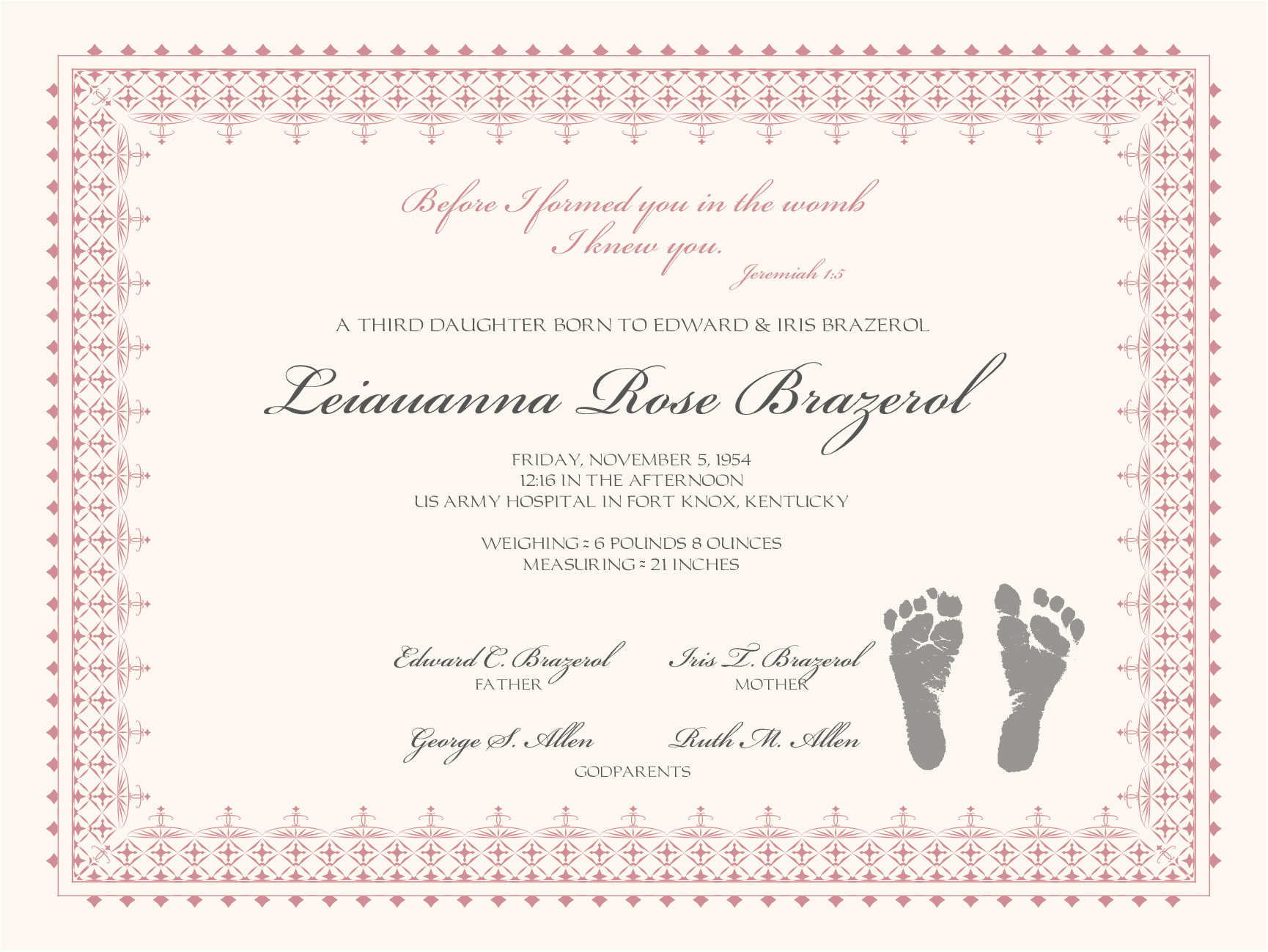 Birth Certificate With Baby Footprints Baby Certificate Christening Certificate Dedication Documents And Designs
