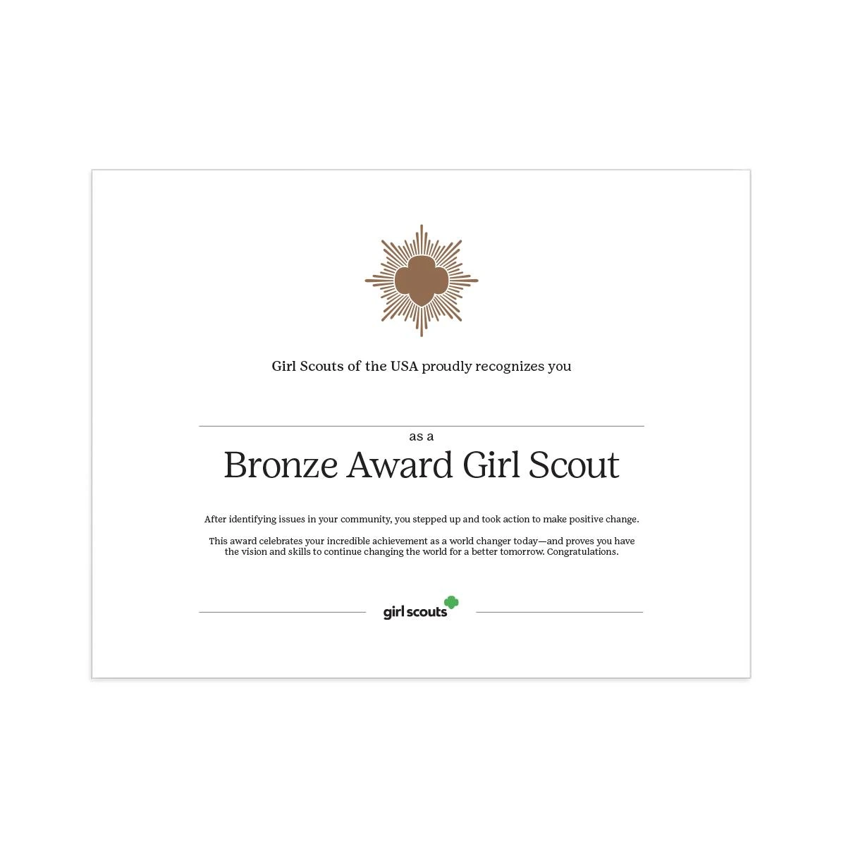 Bronze Award Certificate Digital Download Girl Scout Shop