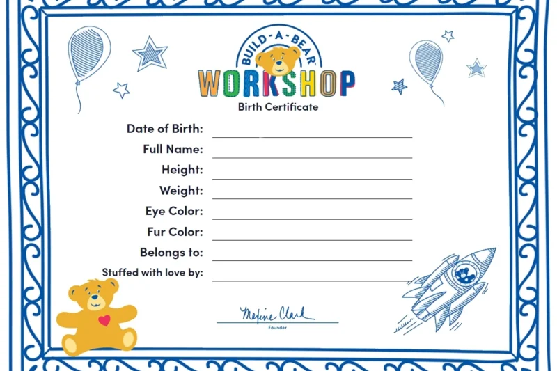 Printable Build A Bear Birth Certificate