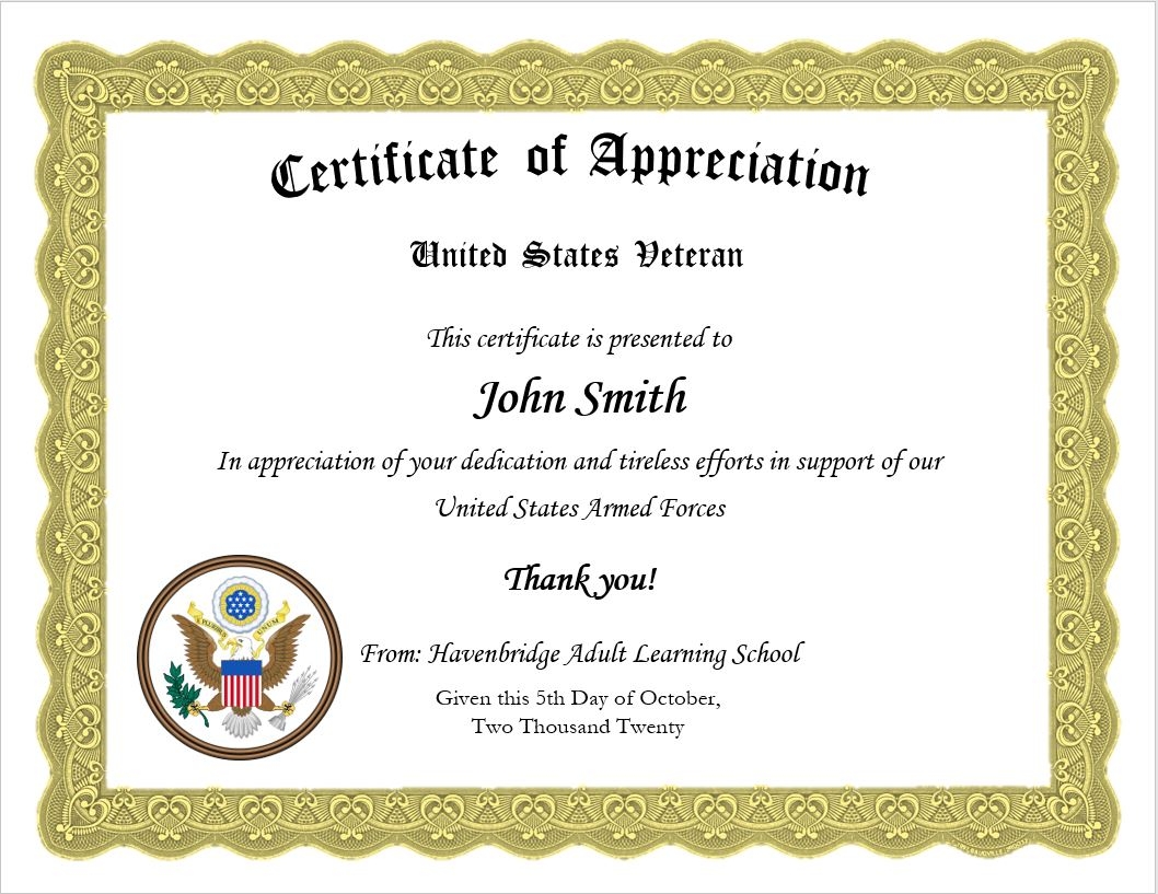 Printable Certificates Of Appreciation For Veterans