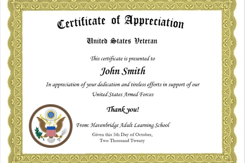 Printable Veterans Appreciation Certificates