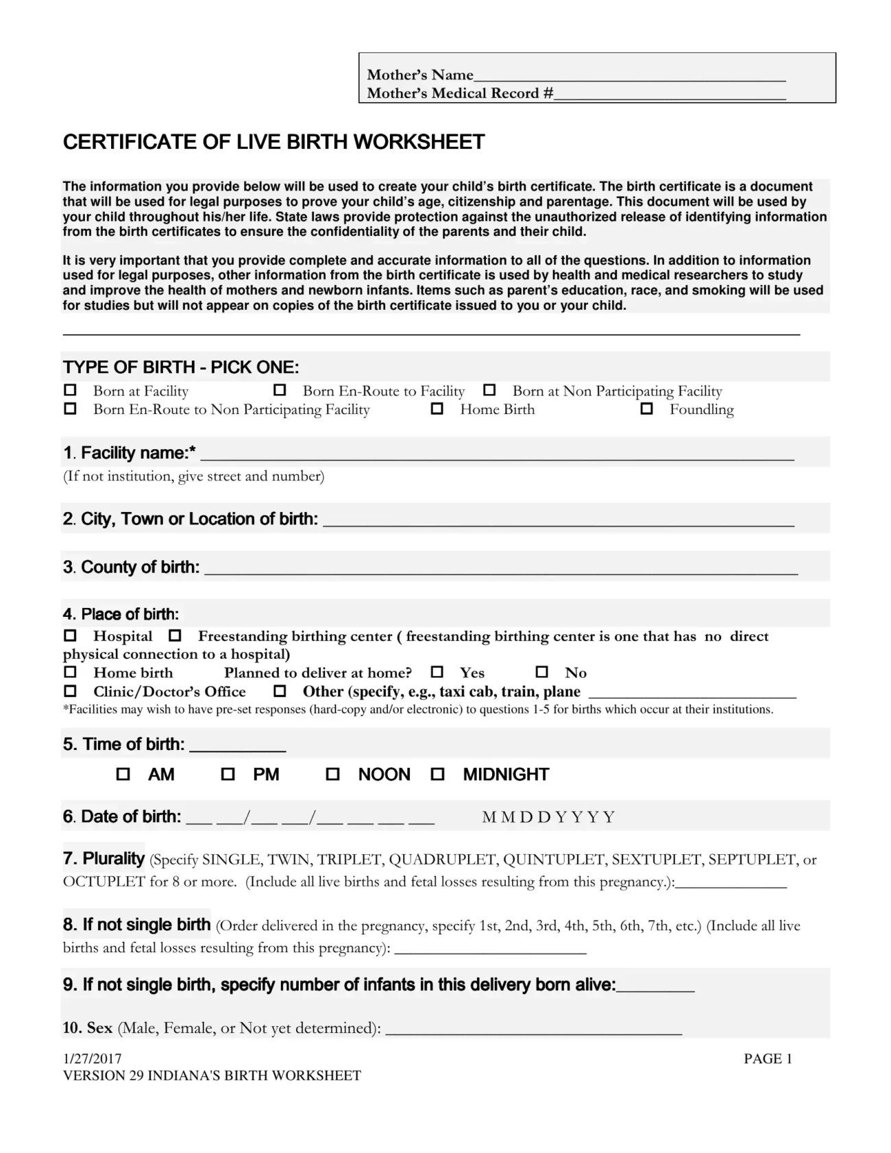 California Birth Certificate Editable Free PDF Form