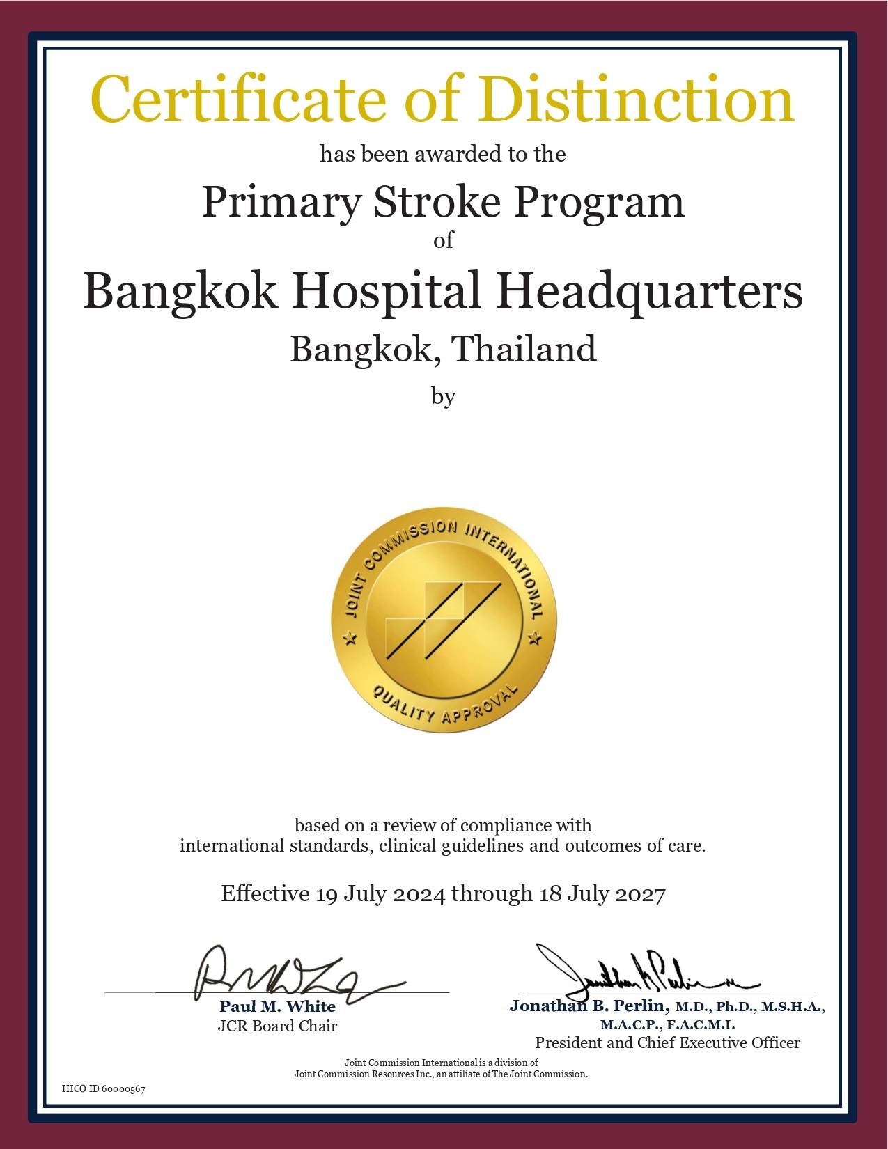 Certificate Of Distinction Primary Stroke Program Bangkok International Hospital Brain X Bone
