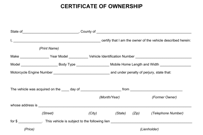 Free Printable Certificate Of Ownership