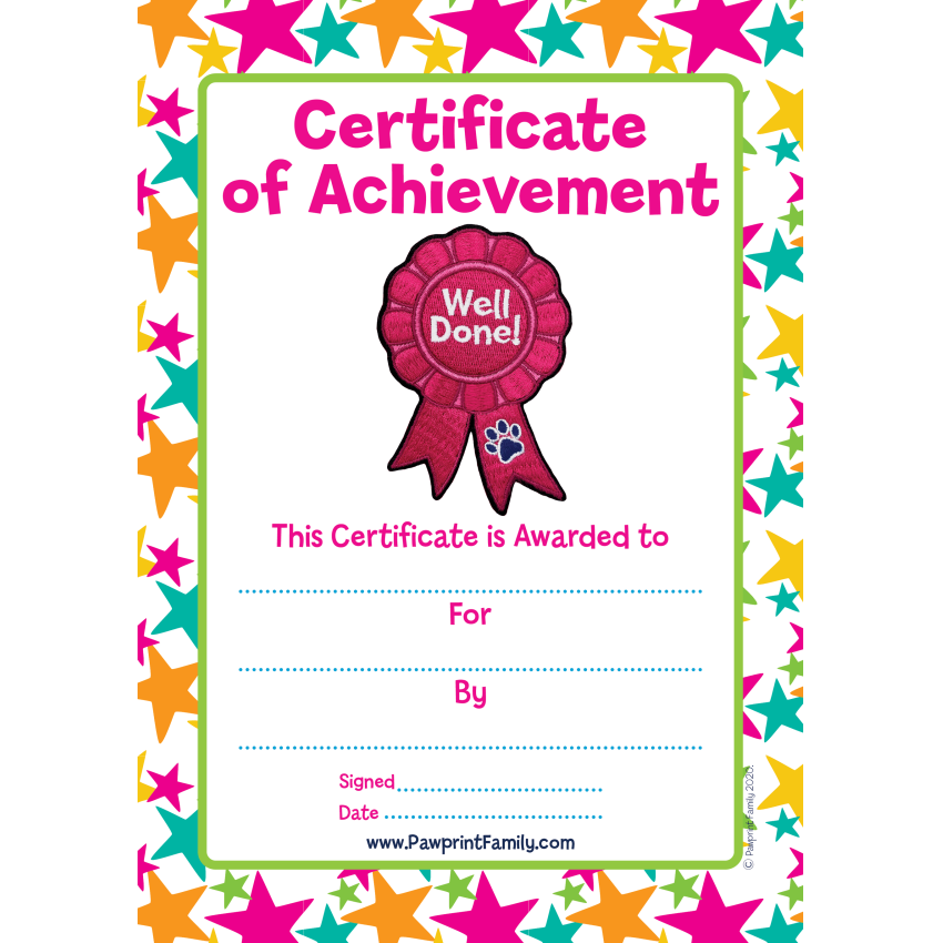 Certificate Well Done Pink Pawprint Family
