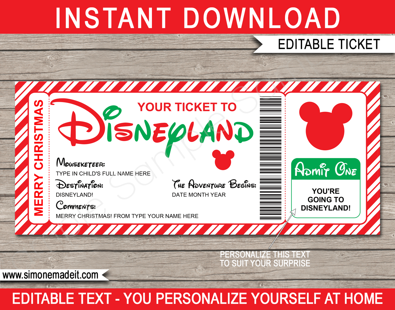 Christmas Disneyland Gift Ticket Template Surprise Disneyland Trip