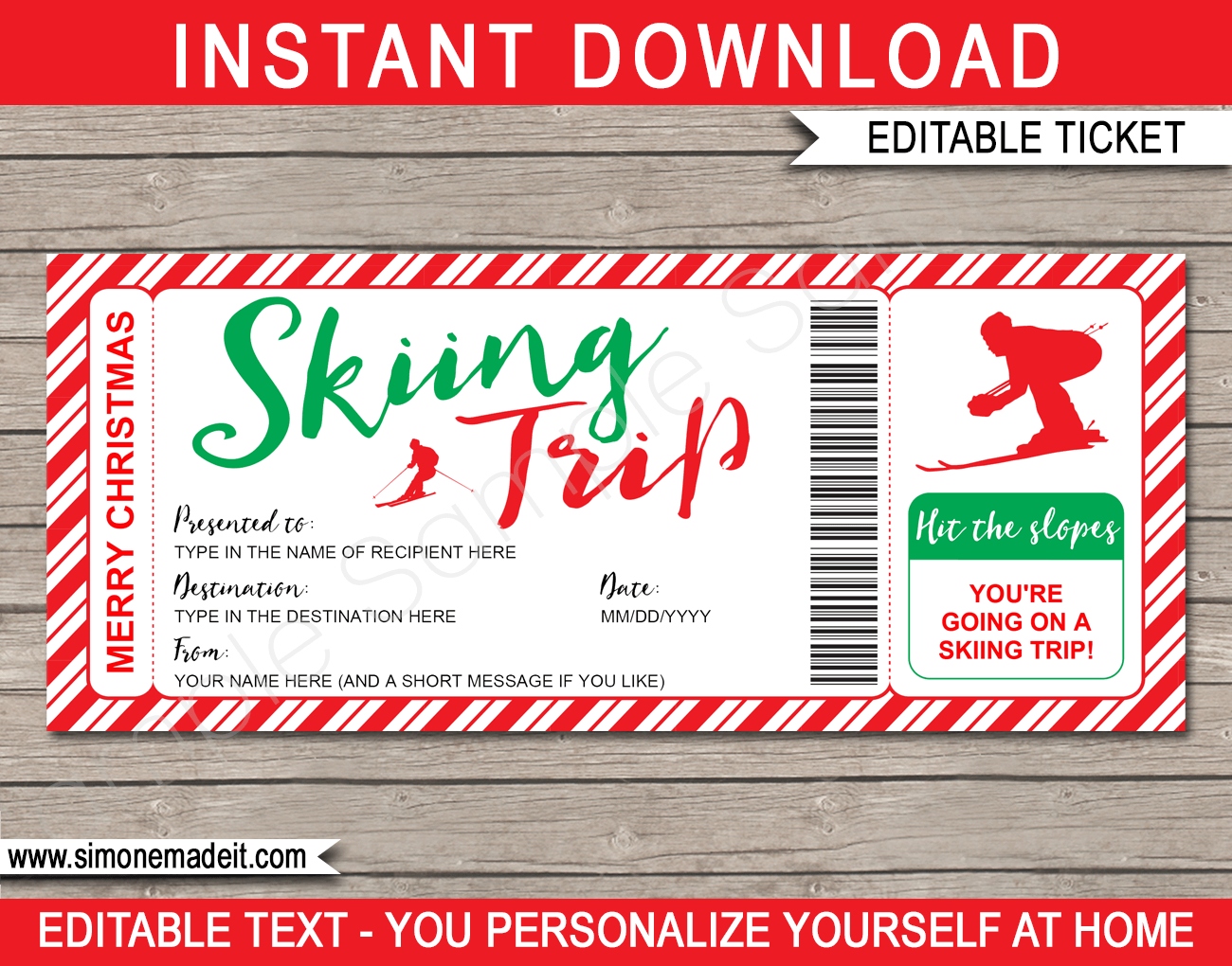 Christmas Skiing Trip Ticket Gift Voucher Editable Printable Template Christmas Skiing Trip Ticket Gift Voucher Editable Printable Template