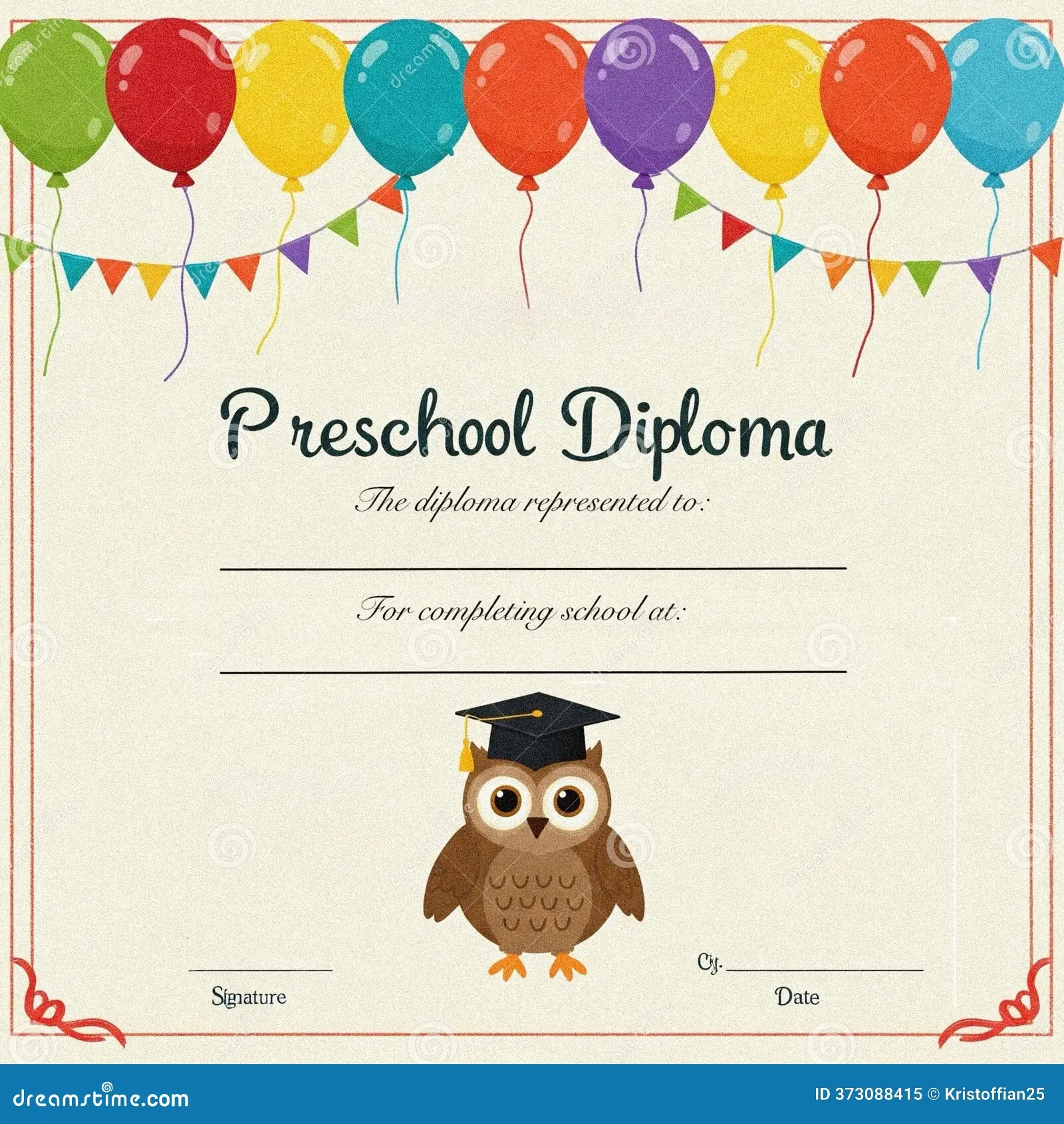 Colorful Preschool Diploma Certificate With Owl And Balloons Stock Illustration Illustration Of Play Organ 373088415