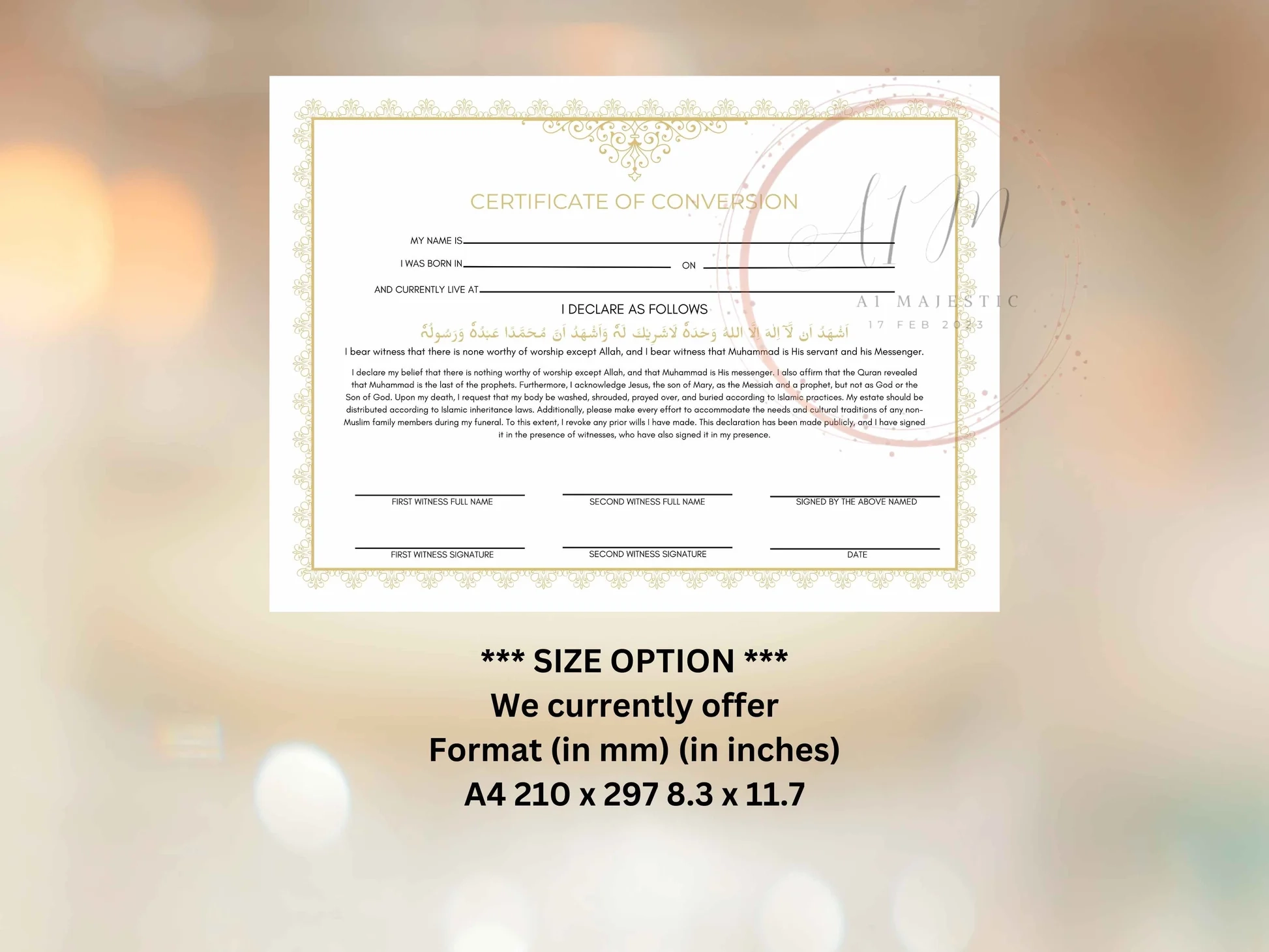 Printable Certificate Of Conversion To Islam
