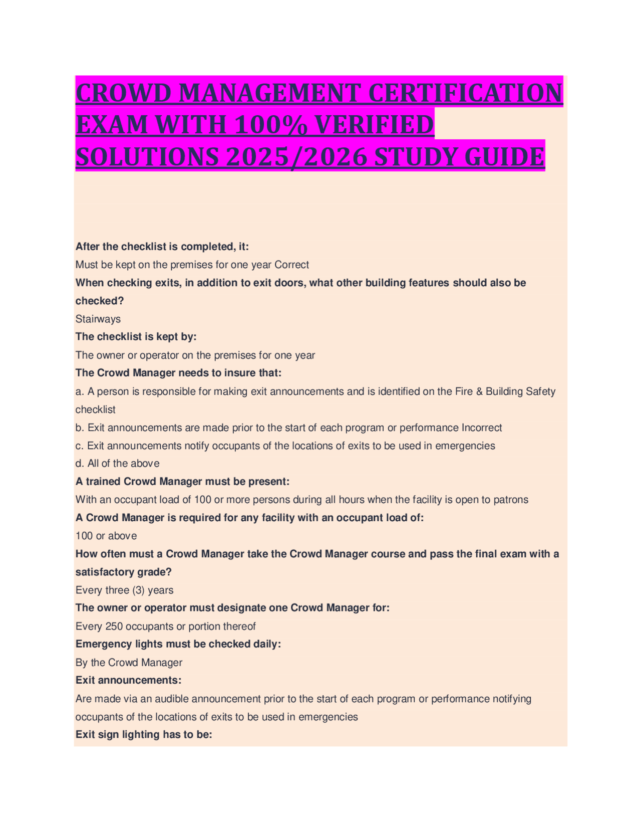 Crowd Management Certification Exam Study Guide Questions And Answers For 2025 2026 Exams Business Administration Docsity