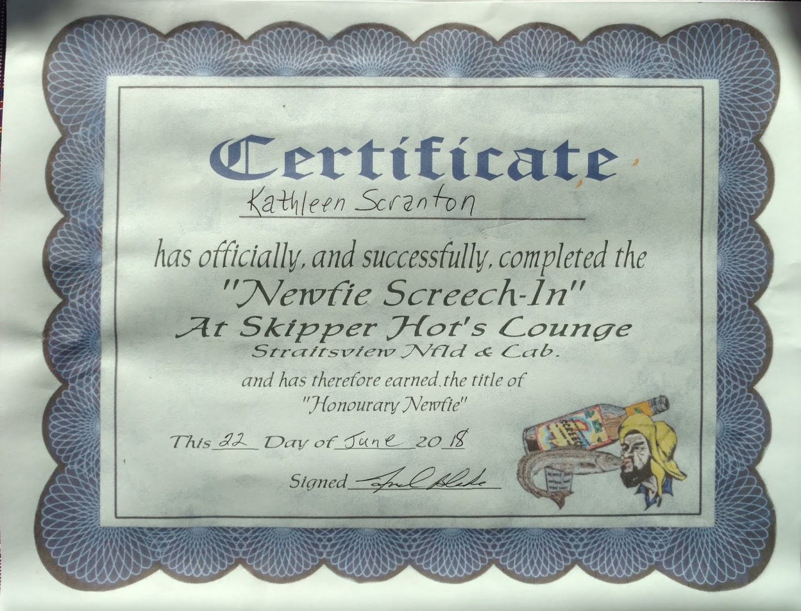Printable Newfoundland Screech In Certificate