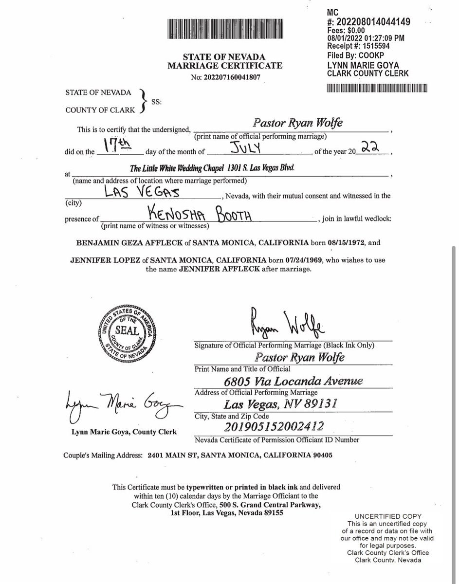 David Charns On X We Just Received The Marriage Certificate For Jennifer Lopez And Ben Affleck It Was Filed Today By Staff Of The Clark County Clerk According To A County Spokesperson 