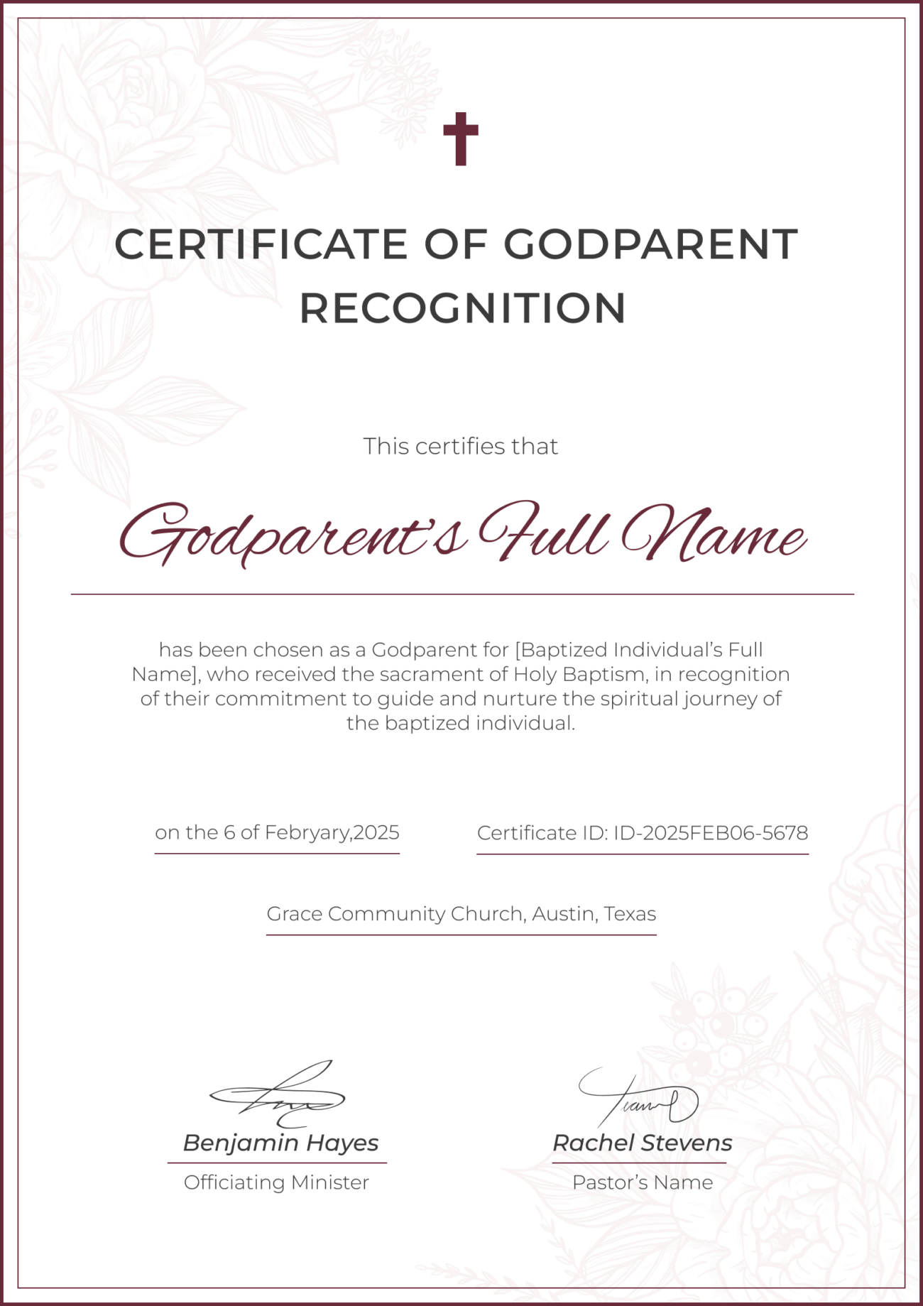 Delicate And Professional Certificate Of Baptism Template For Godparent Recognition