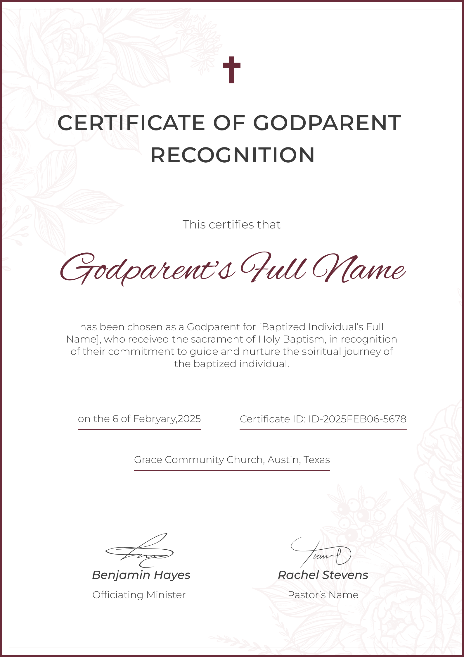 Delicate And Professional Certificate Of Baptism Template For Godparent Recognition