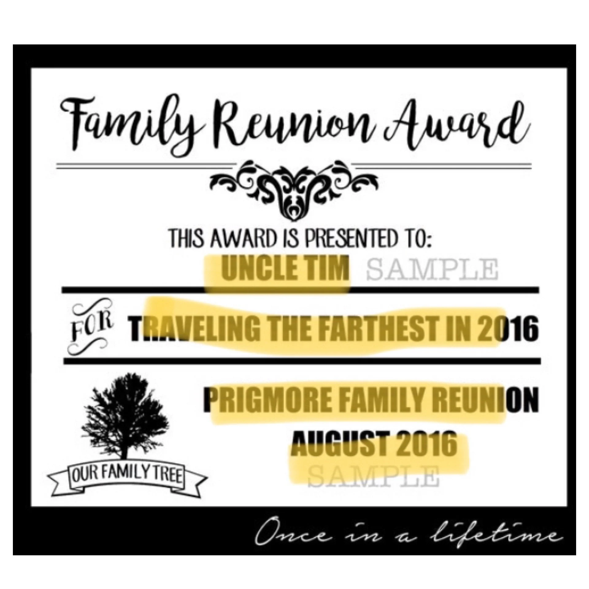 Digital Family Reunion Award Pdf Files EDITABLE Instant Download Certificate Includes 2 Sizes Etsy