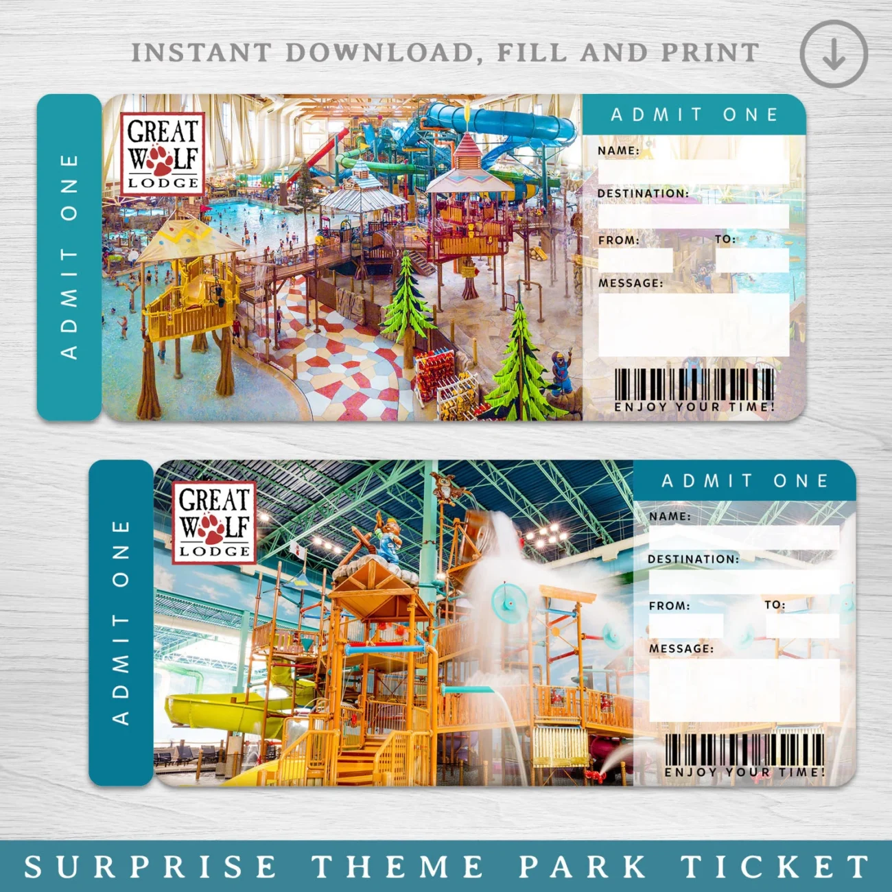 Digital Great Wolf Lodge Surprise Trip Gift Ticket Amusement Park Printable Boarding Pass Surprise Reveal Editable Trip Ticket Vacation Etsy