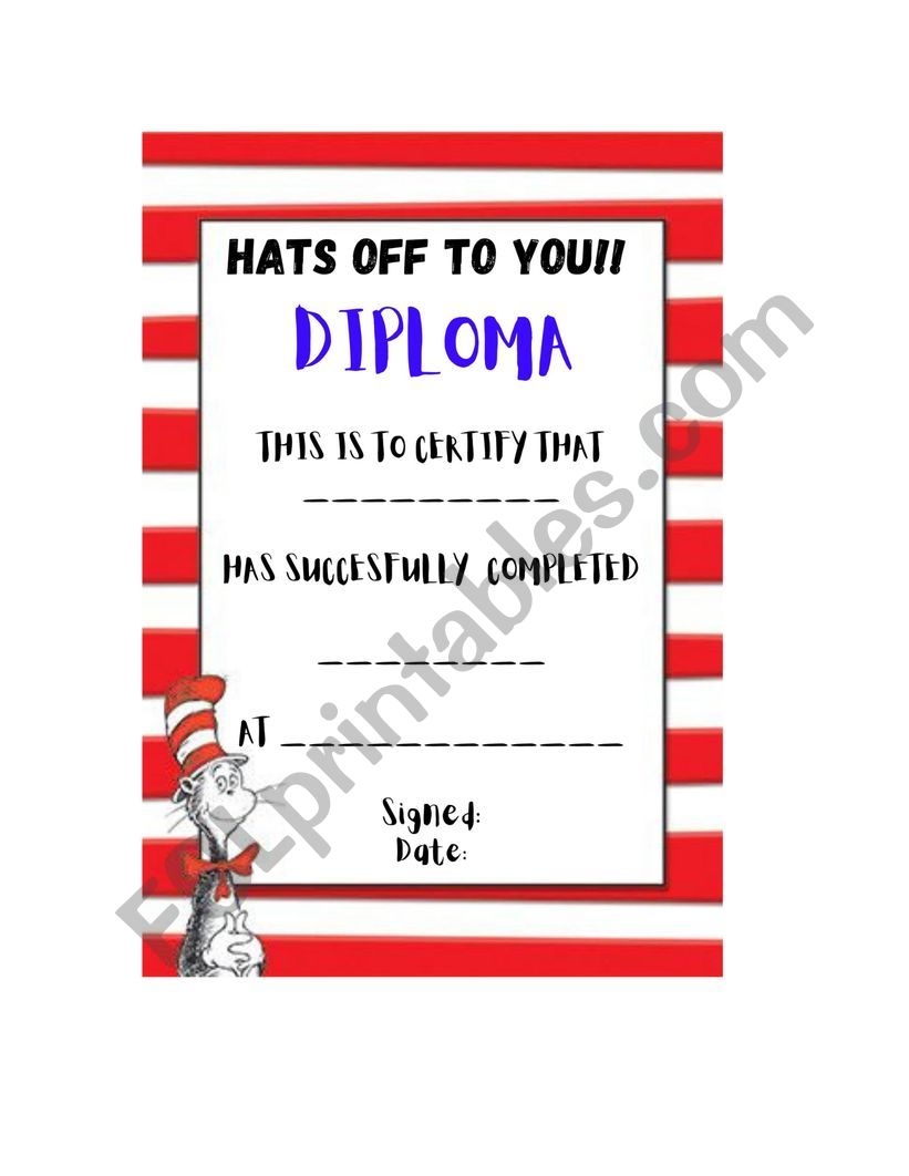 DIPLOMA END OF SCHOOL CAT IN THE HAT ESL Worksheet By Camdenidiomas DIPLOMA END OF SCHOOL CAT IN THE HAT ESL Worksheet By Camdenidiomas