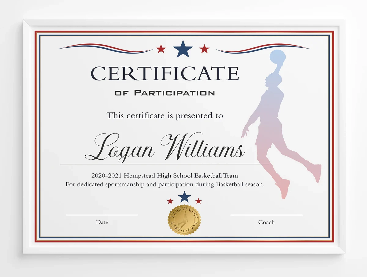 DIY Red White Blue Boys Basketball Certificate Template Editable Bask Posh Park