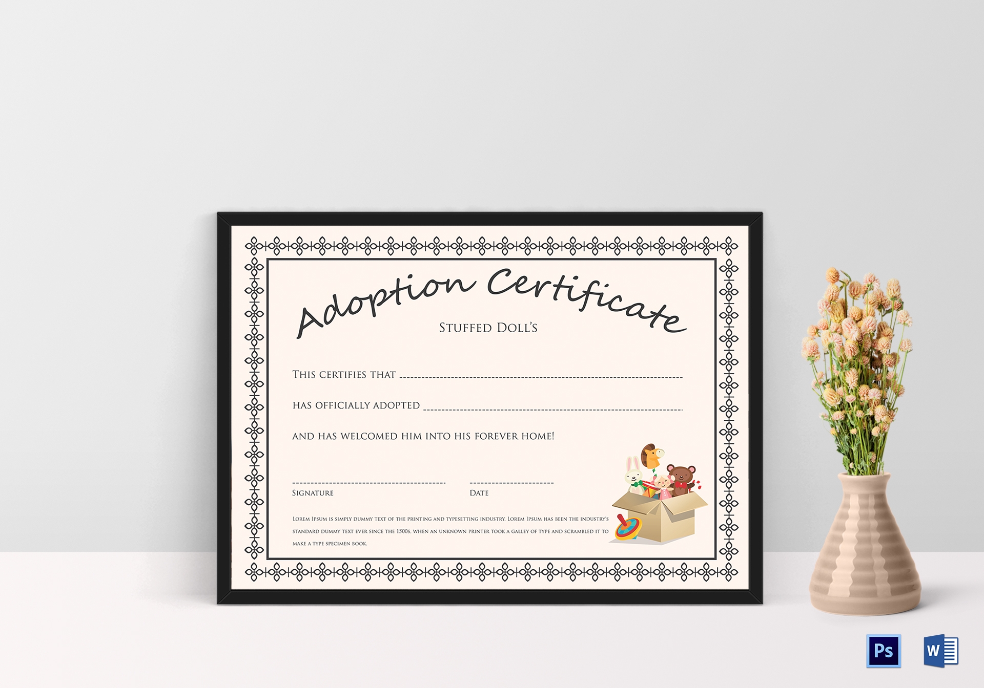 Doll Adoption Certificate Design Template In PSD Word Doll Adoption Certificate Design Template In PSD Word