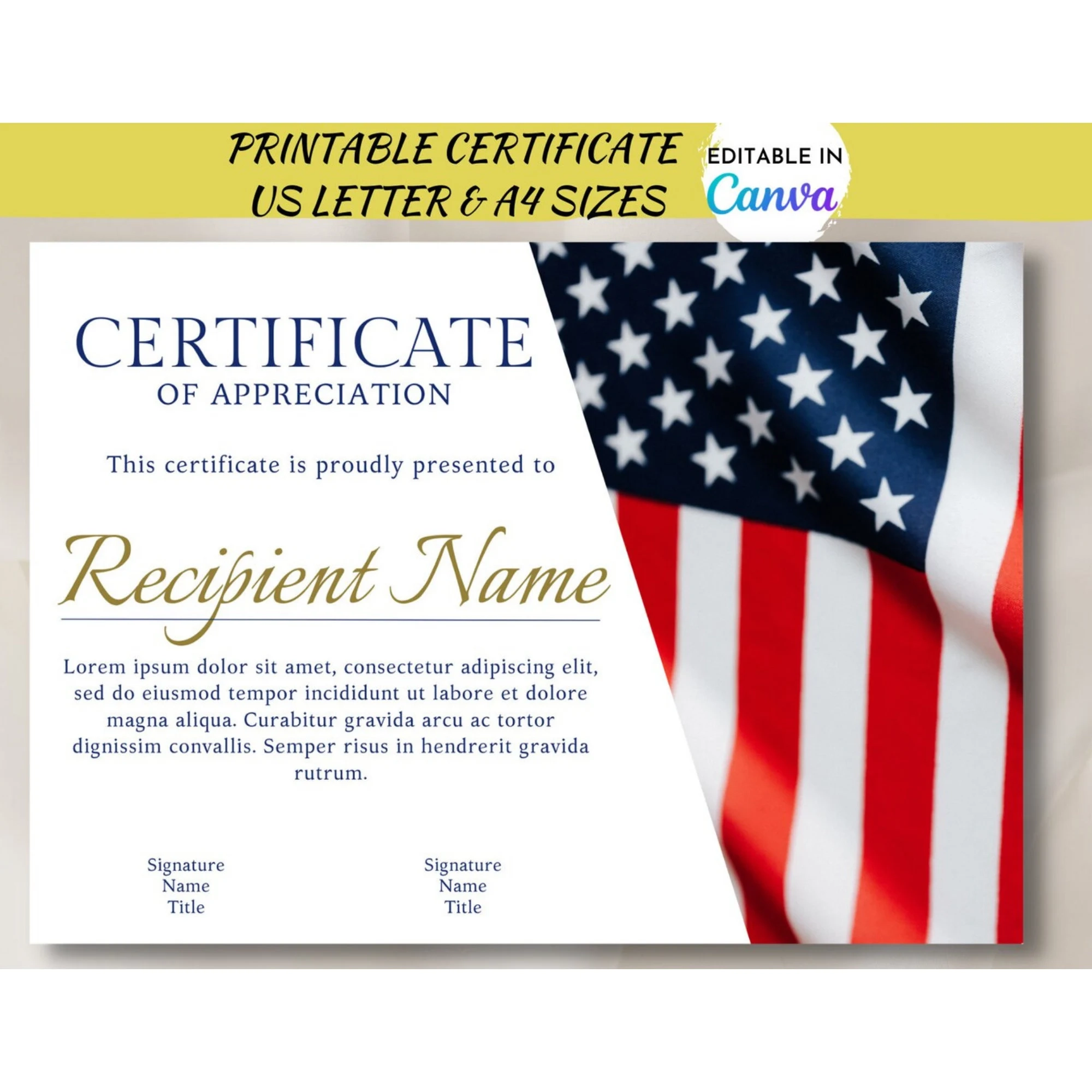 Editable American Flag Appreciation Certificate USA Veteran s Certificate Of Achievement Customizable Template Blank Certificate Canva Etsy