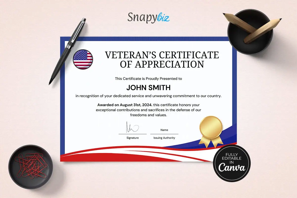Editable American Veterans Appreciation Certificate Template SnapyBiz