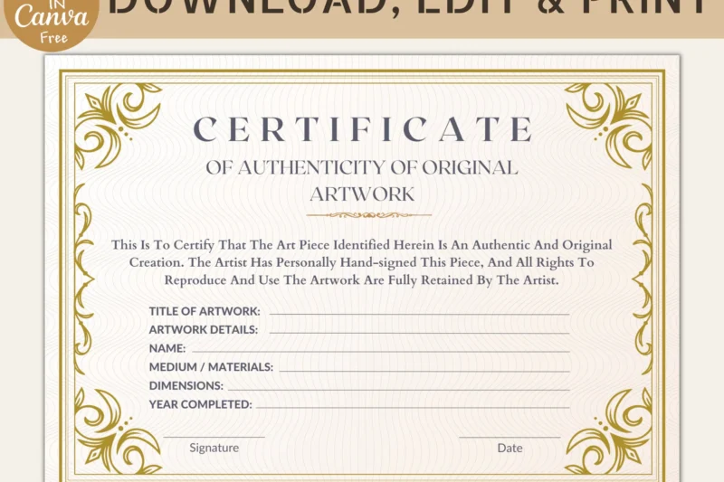 Printable Certificate Of Authenticity