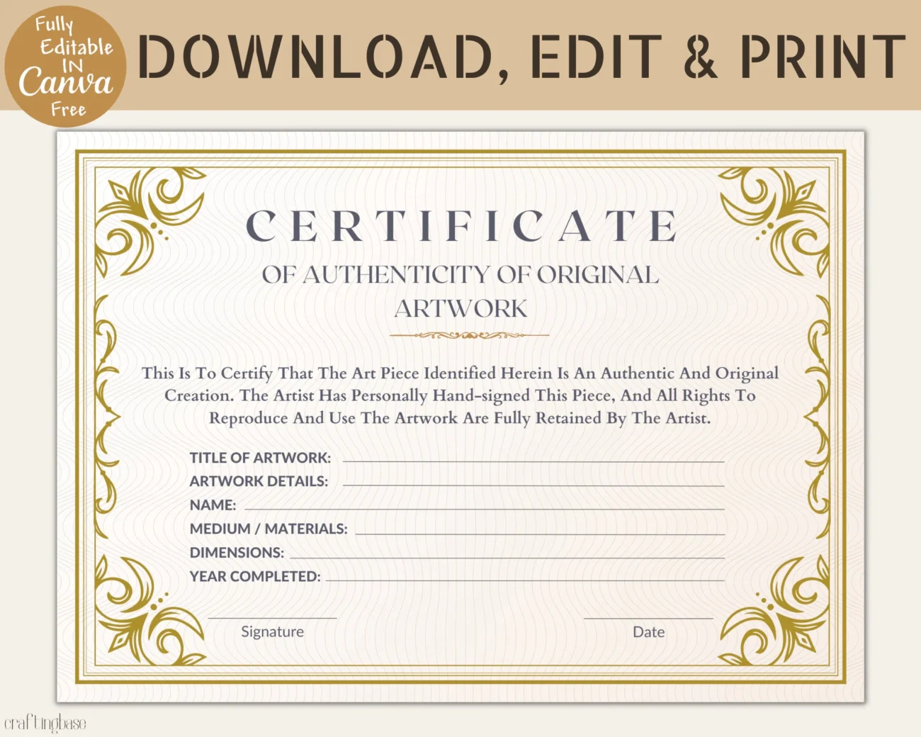 Editable Certificate Of Authenticity For Artwork Artwork Certificate Canva Template Instant Digital Download Etsy