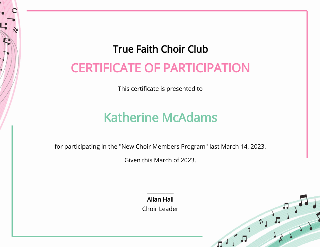 Printable Chorus Certificate Printable Chorus Certificate