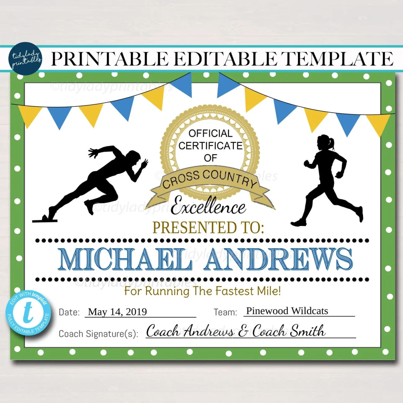 Editable Cross Country Award Certificate Running Team Printable digital Download Etsy