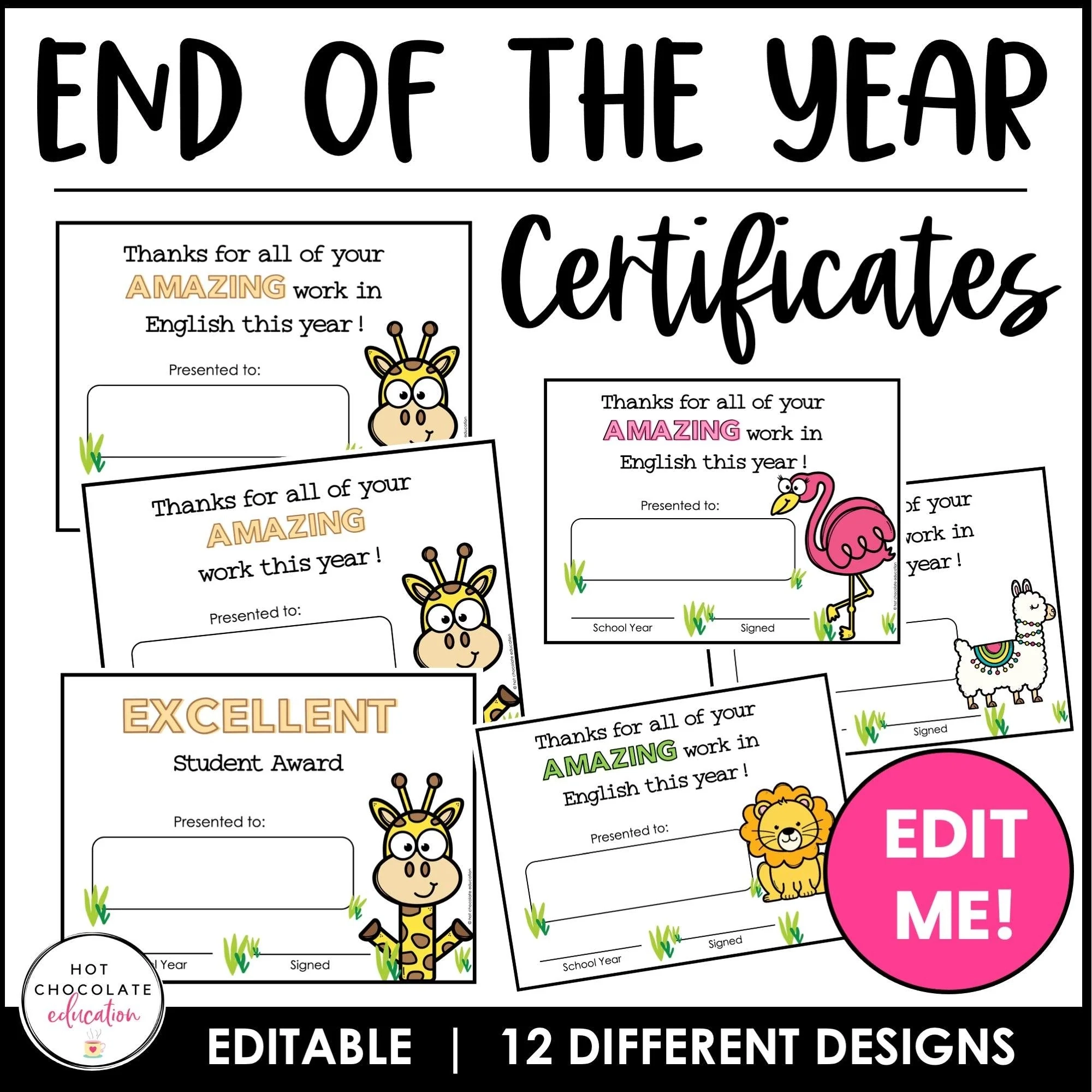Editable End Of Year English Award Certificate ESL Hot Chocolate Teachables