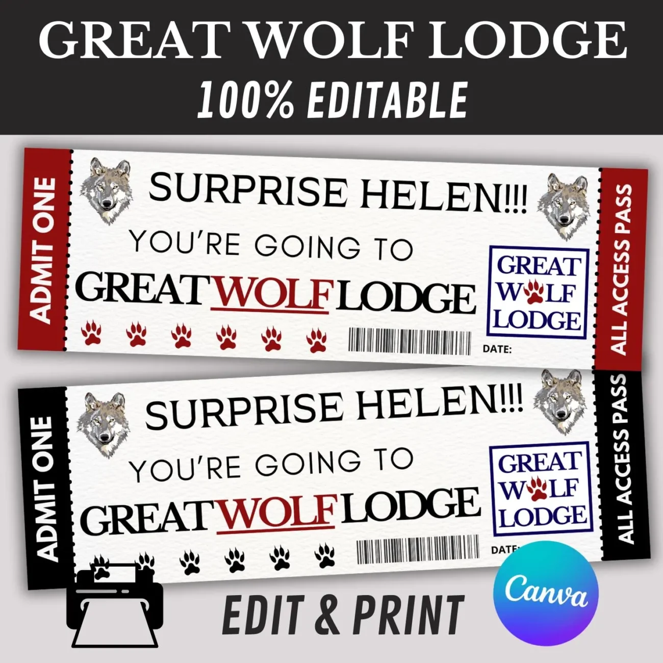 Editable Great Wolf Lodge Ticket Great Wolf Lodge Printable Ticket Template Surprise Reveal Trip Gift Template Theme Park Ticket Etsy