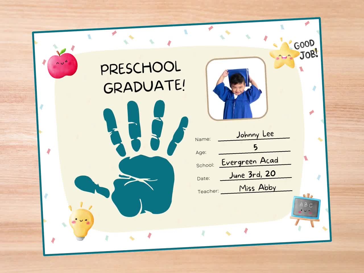 Editable Preschool Graduation Certificate Handprint DIY Pre k Graduation Certificate Last Day Of Preschool Personalized School Sign Etsy